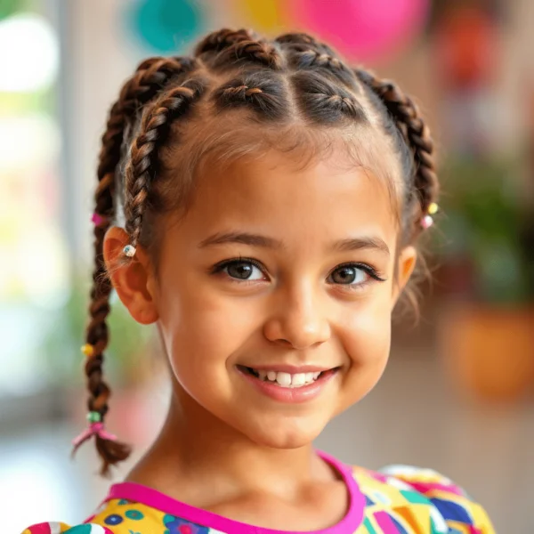 A smiling child with braided hair, colorful beads, and a bright shirt stands in a vibrant blur, showcasing braids for kids.