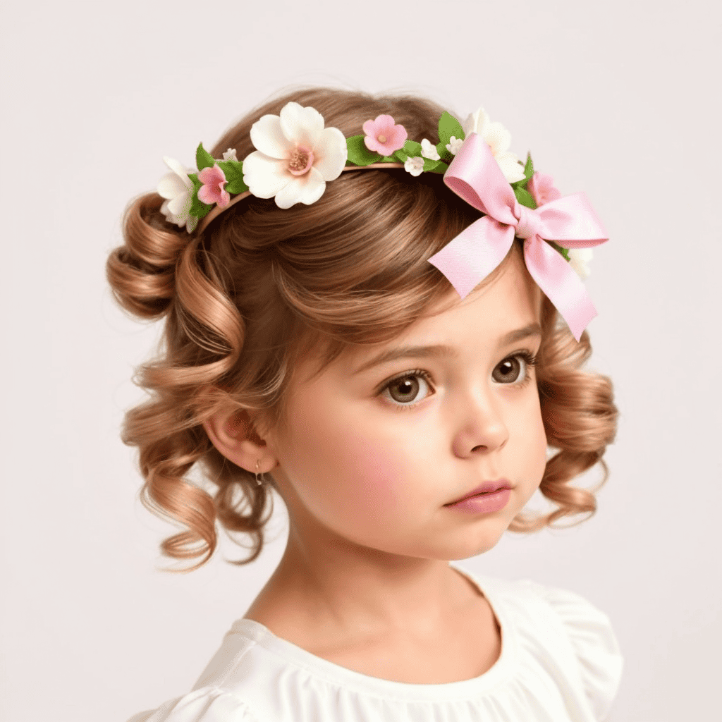 Curls With Floral Crowns and Ribbon Flower girl hairstyles