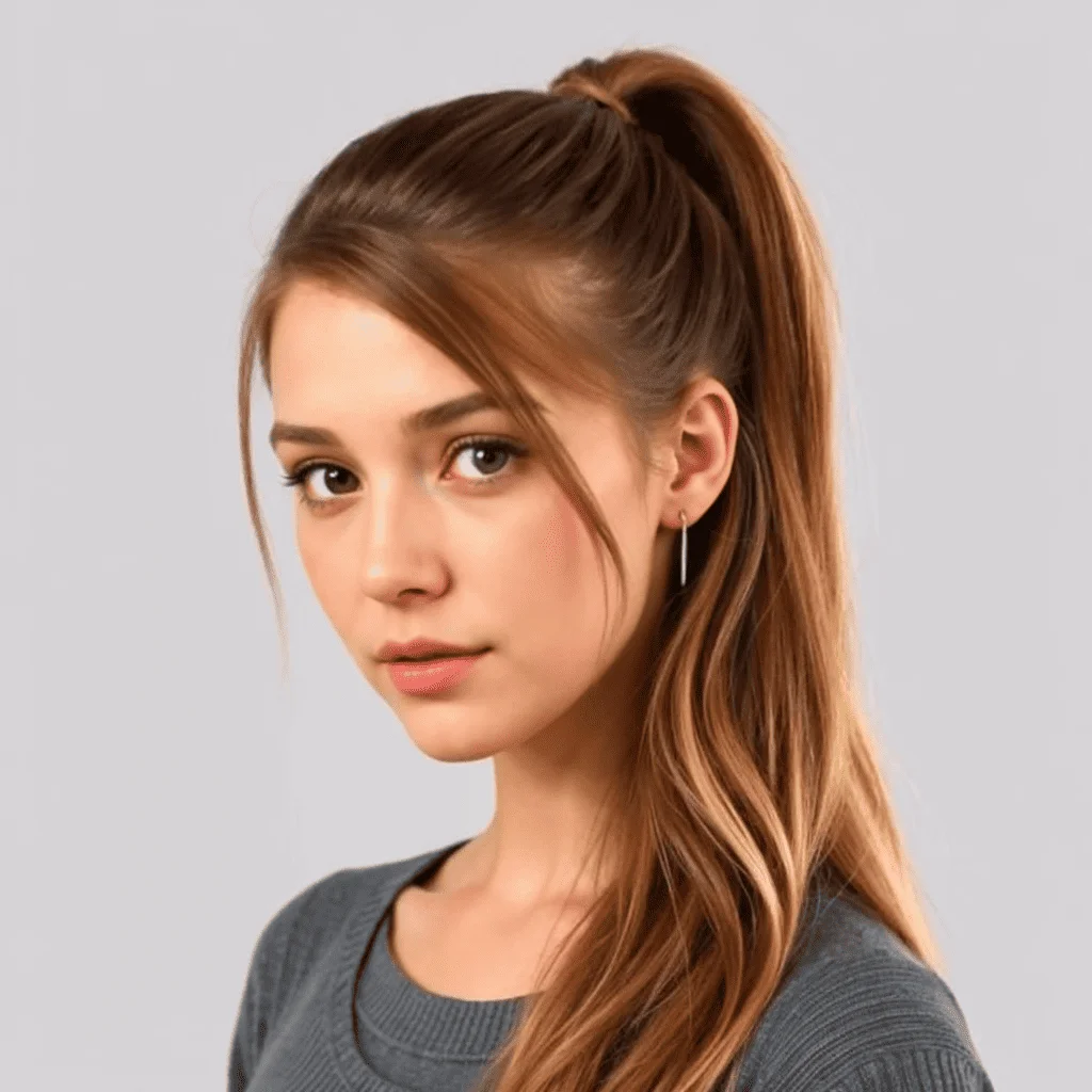 A young woman with long, light brown hair in a high ponytail, wearing a gray sweater, exudes an air of understated elegance. Her neutral expression meets the cameras gaze against a plain, light-colored background—an inspiring canvas for those considering short haircuts for girls.