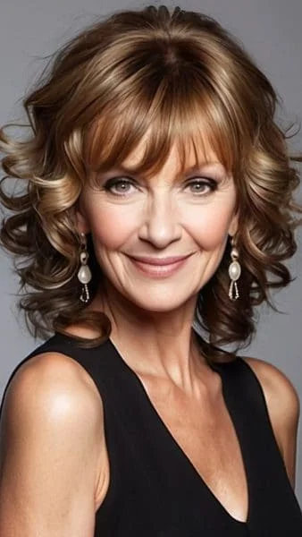 A woman with curly, shoulder-length brown hair and stylish bangs smiles at the camera, showcasing one of the chic hairstyles with bangs for older women. She is wearing elegant drop earrings and a black sleeveless top. The background is a plain gray color.