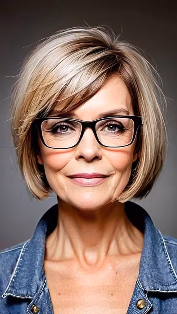 Asymmetrical Bob Hairstyles With Glasses For Woman Over 60