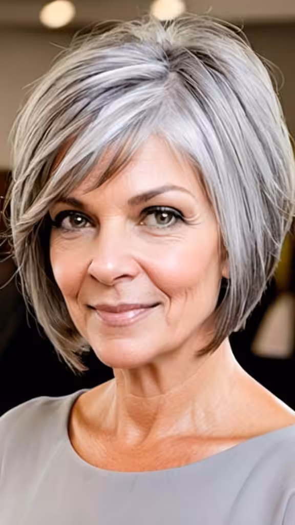 Asymmetrical Graduated Bob Short Gray Hairstyles For Women Over 50