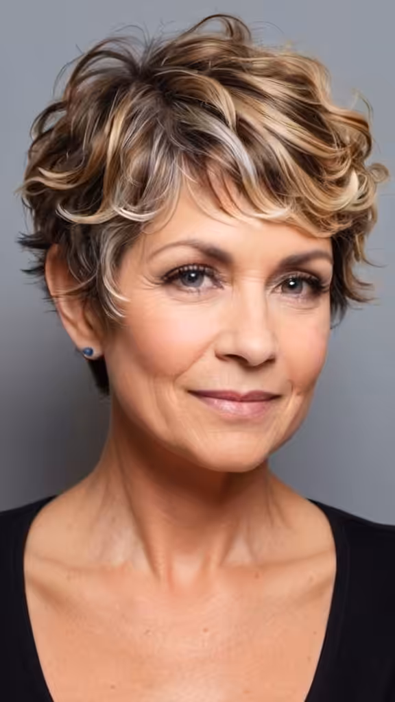 Balayage Pixie Cut with Short Sides Curly hairstyles for women over 50