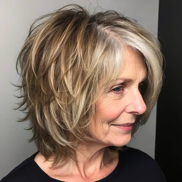 Woman with a layered, shoulder-length blonde bob, featuring highlights and side-swept bangs, smiling slightly in profile view.