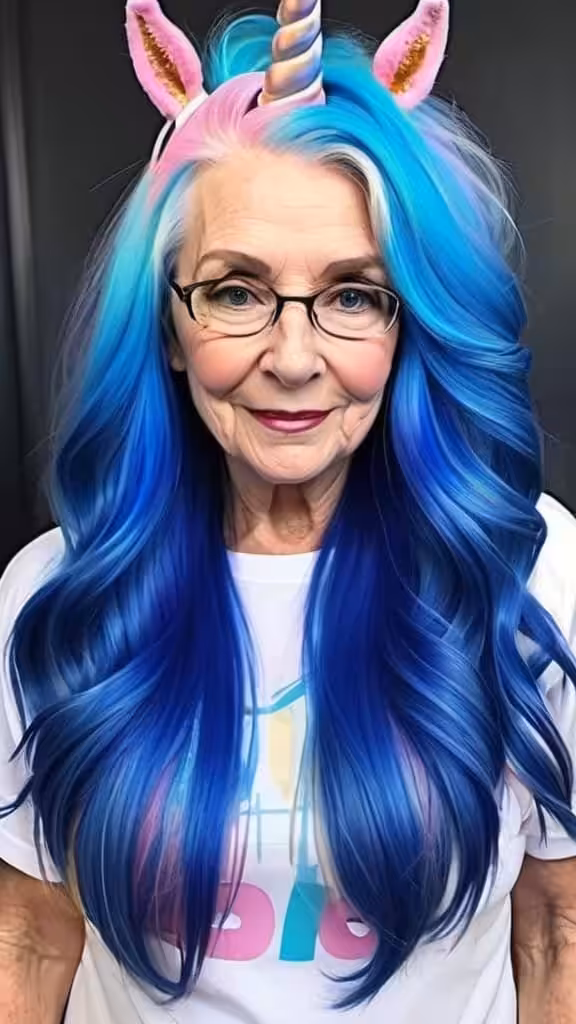 Bold Blue Hairstyle Unicorn Hair For Woman Over 60