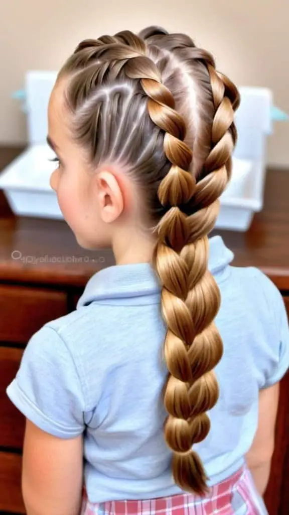 A young girl with two neat, intricate braids of light brown hair, styled closely to her head and merging into a single long braid down her back—an ideal braided hairstyle for Thanksgiving for girls. She is wearing a light blue collared shirt, set against a blurred wooden surface and a white container.