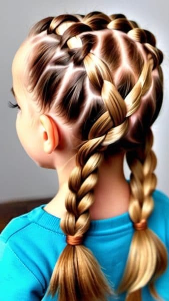 A child with neatly braided hair showcases a delightful example of braided hairstyles for Thanksgiving. The braids form a symmetrical pattern across the scalp, ending in two playful pigtails. The child wears a bright blue shirt, adding to the festive look.