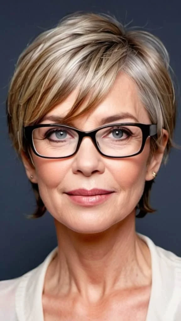Butterfly Short Hair with Side Bangs Hairstyles with glasses over 50