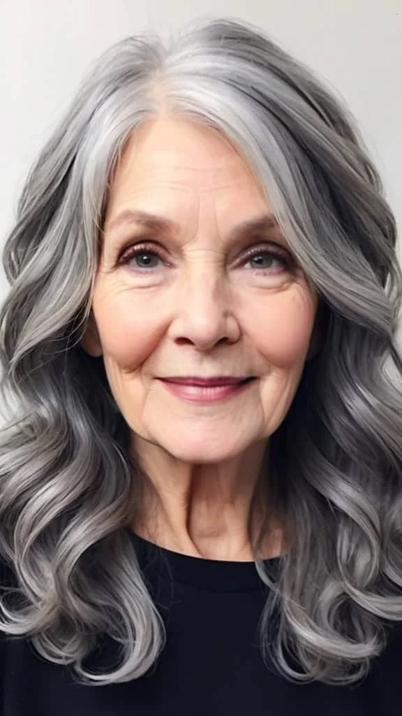Center Parted Long Waves Gray Hairstyles For Women Over 60