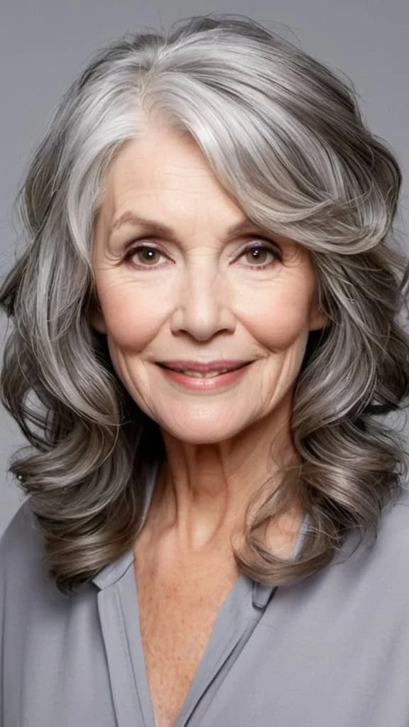 Center Parted Loose Waves Gray Hairstyles For Women Over 60
