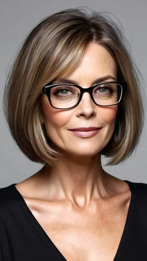 Center Parted Shoulder-Length Bob Hairstyles With Glasses For Women Over 40