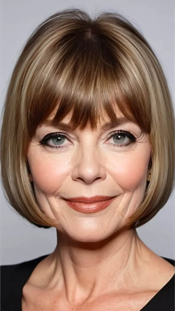 Chin Length Bob with Bangs Hairstyles for round faces over 60