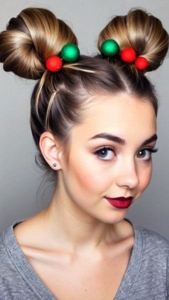 A young woman showcases a festive Christmas hairstyle with two high buns adorned with red and green ornaments. Her dark eyebrows and bold red lipstick complement her gray top, while the plain background accentuates her holiday spirit.