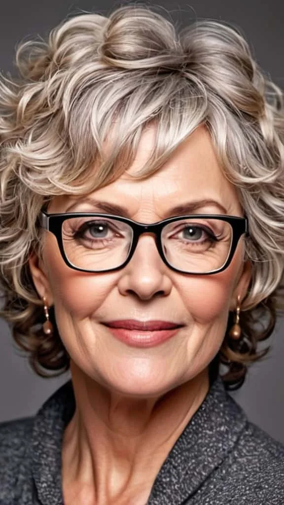 Cropped Curls Hairstyles with glasses over 50