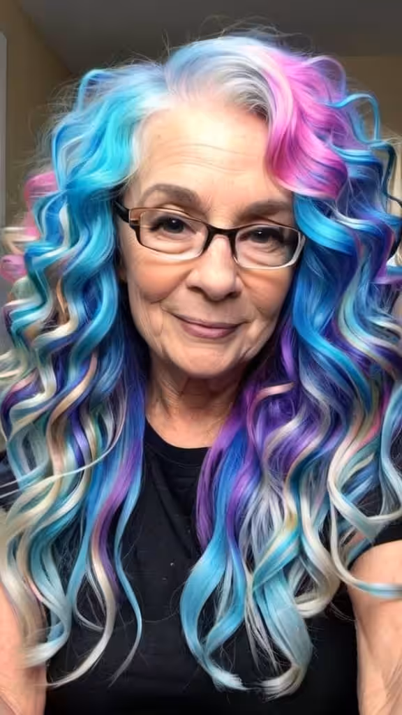 Curly Blue Ends Unicorn Hair For Woman Over 60