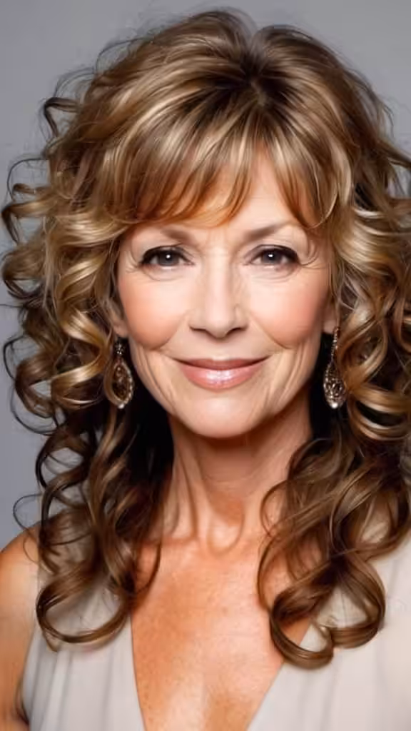 Curly Hair with Side-Swept Bangs Curly hairstyles for women over 50