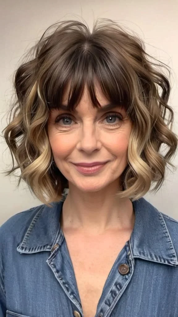 Curly Lob With Curtain Bangs Short Hairstyles For Fine Hair for Woman Over 70