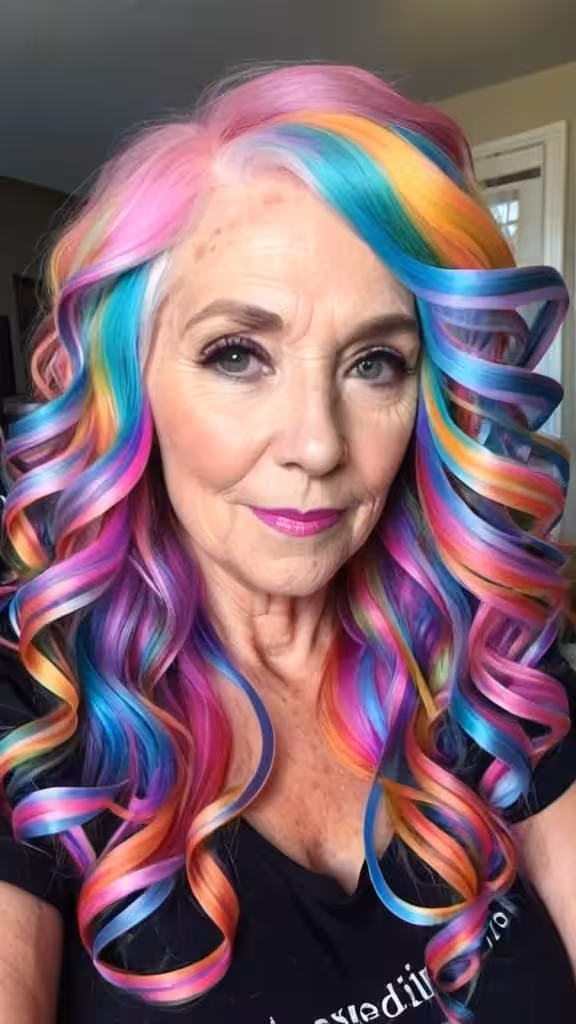 Curly Ribbons of Color Unicorn Hair For Woman Over 60