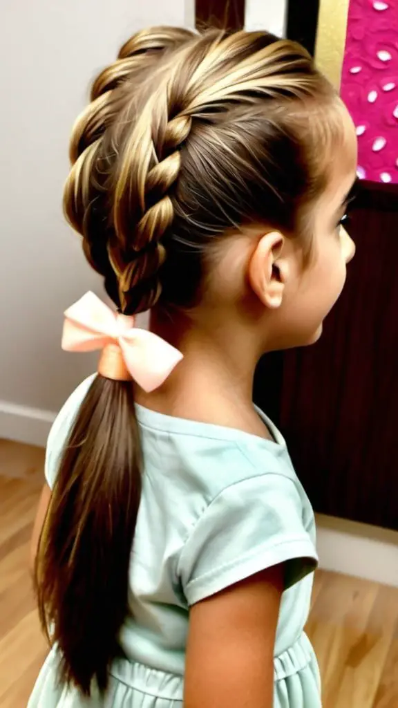 A young girl with a beautifully braided hairstyle, ideal for Diwali celebrations, featuring two interwoven braids on top that merge into a ponytail secured with a pink bow. She is wearing a light blue dress.
