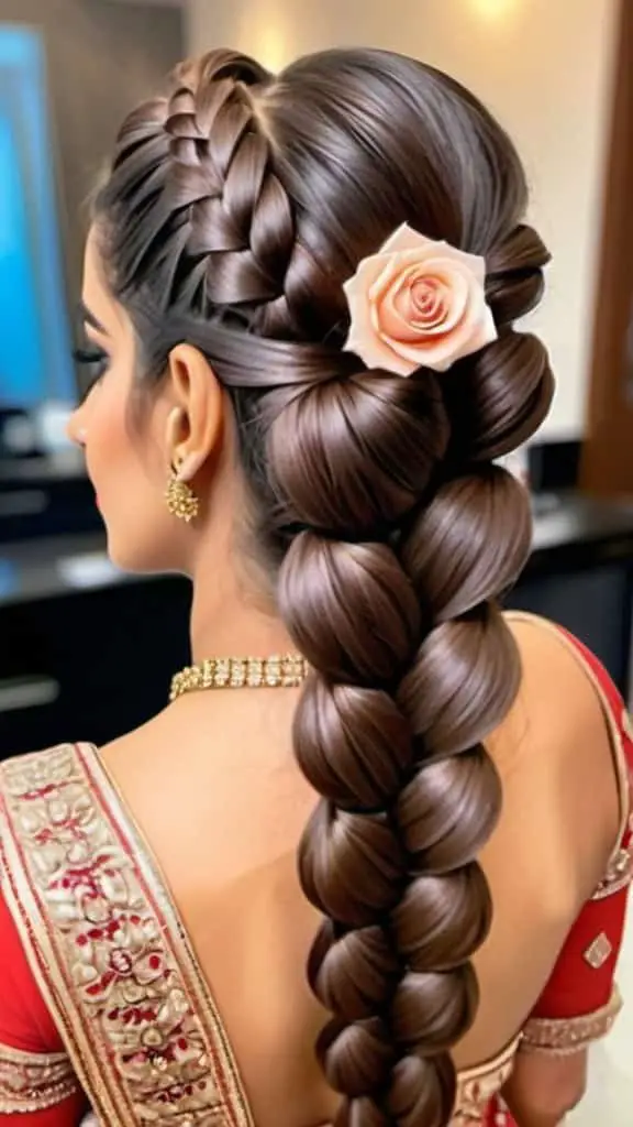 Double Braid With Rose Forms Indian Wedding Hairstyles for Girls