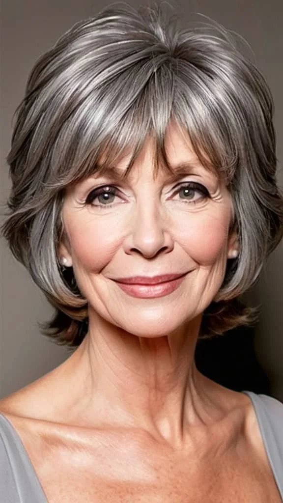 Face-Framing Curtain Bangs Gray Hairstyles For Women Over 60