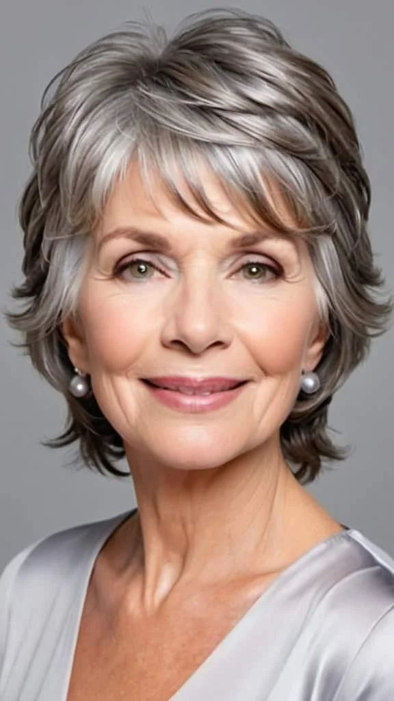 Face-Framing Feathered Layers Gray Hairstyles For Women Over 60
