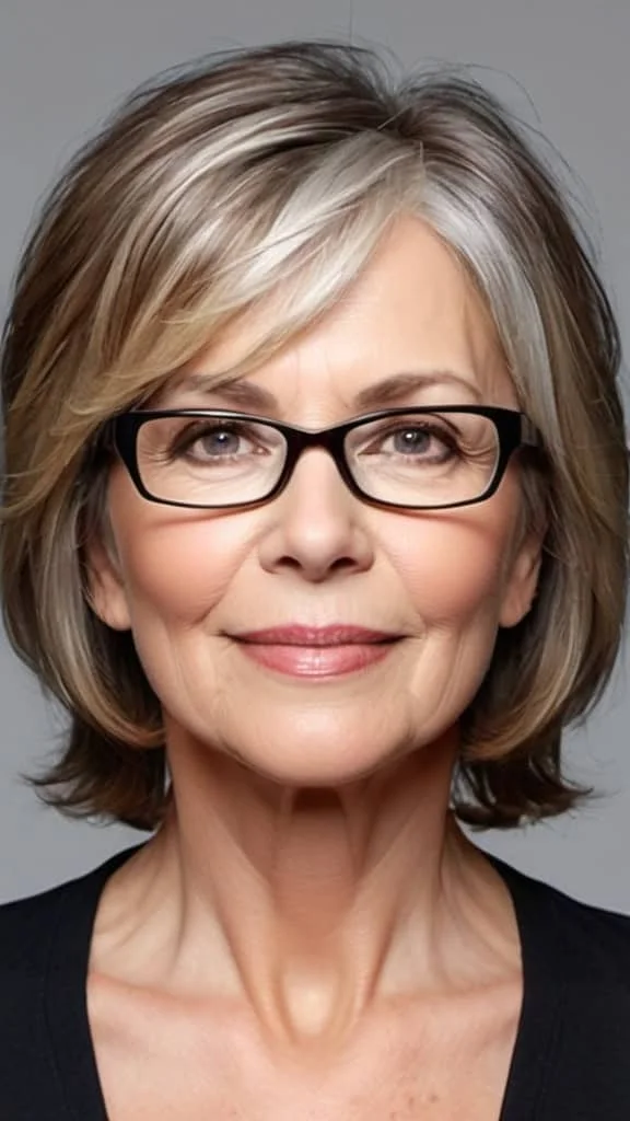 Face-Framing Mid-Length Cut Hairstyles with glasses over 50