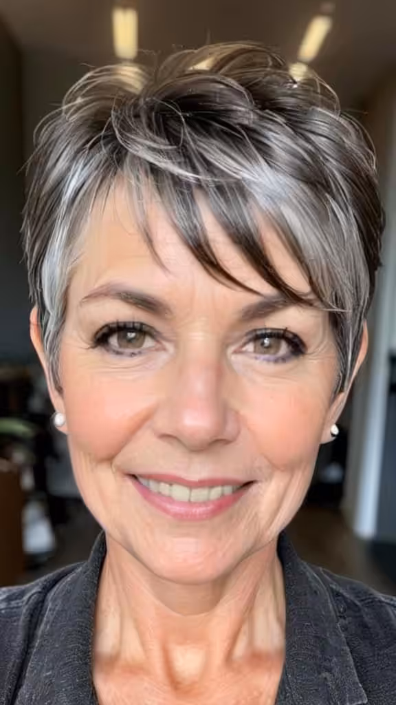 Feathered Gray Pixie with Side-Swept Bangs Pixie Haircuts For Women Over 50