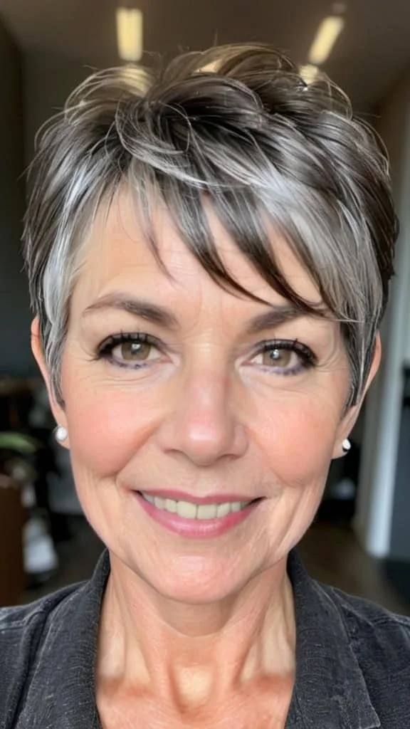Feathered Gray Pixie with Side-Swept Bangs Pixie Haircuts For Women Over 50