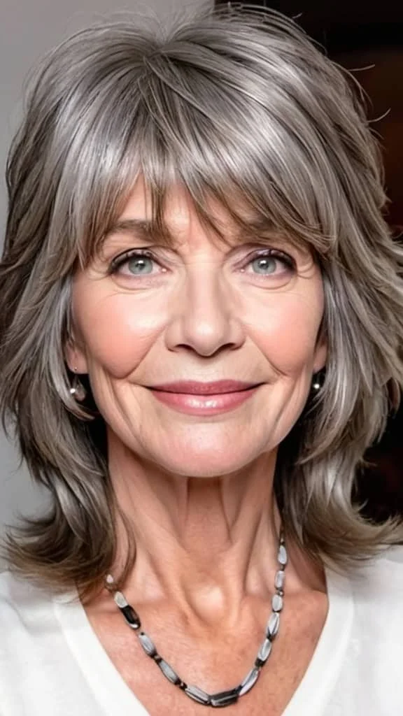 Feathered Layers with Curtain Bangs Gray Hairstyles For Women Over 60