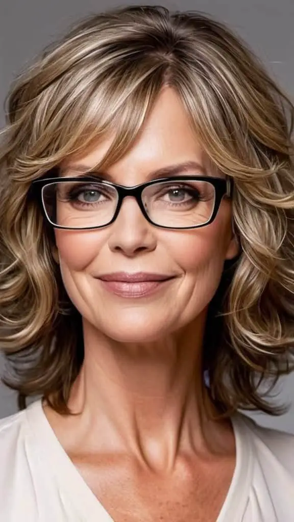 Feathered Wavy Style Hairstyles With Glasses For Women Over 40