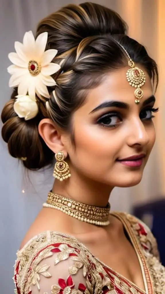 Floral Tight Bun Indian Wedding Hairstyles for Girls
