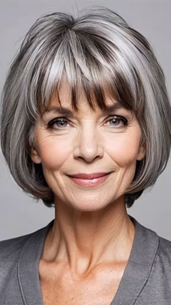 French Bob with Bangs Short Gray Hairstyles For Women Over 50