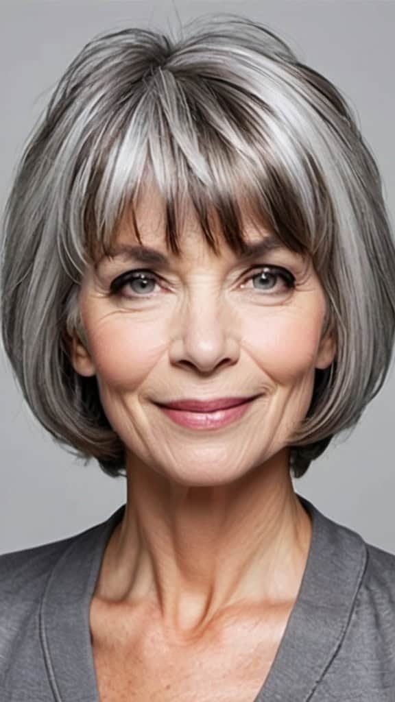 French Bob with Bangs Short Gray Hairstyles For Women Over 50