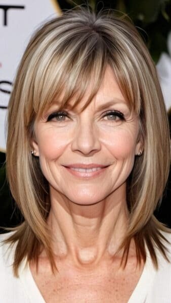 Smiling woman with wavy blonde hair and bangs, wearing a light-colored top, showcases a stylish look for women over 40.