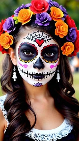 A woman with Day of the Dead face paint, intricate black-and-white designs, and colorful details wears a vibrant flower crown with red, orange, and purple flowers. Complementing popular hairstyles for Halloween for girls, she has long wavy hair and white skull earrings.