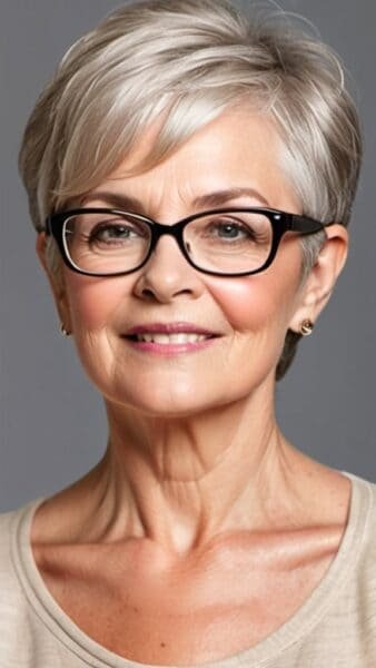 Older woman over 60, sporting short gray hair and glasses, smiles gently in a beige top against a gray background.