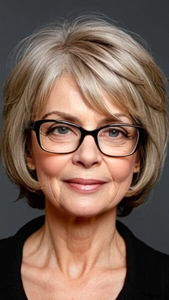 A confident woman over 70, showcasing chic short gray hairstyles with glasses, smiles against a gray background.