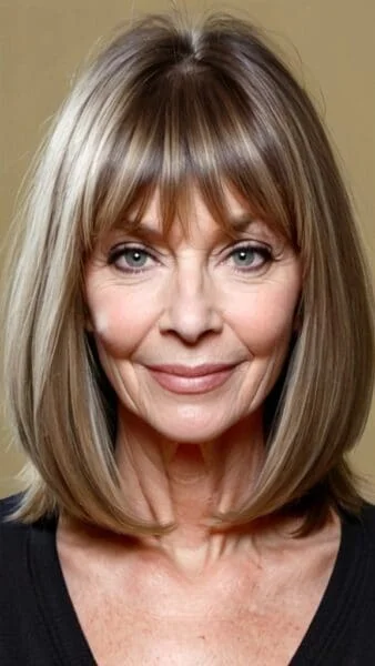 Smiling woman with shoulder-length hair and bangs, showcasing a chic black top against a beige background—ideal for women over 60.