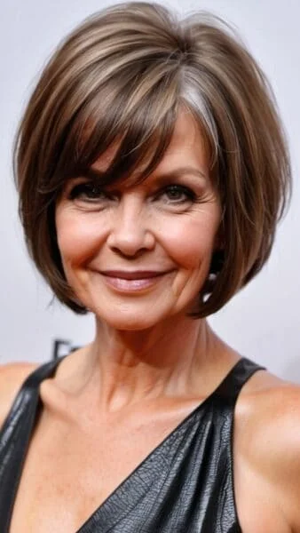 A woman with a chic bob hairstyle perfect for round faces over 60 smiles in a sleeveless black top.