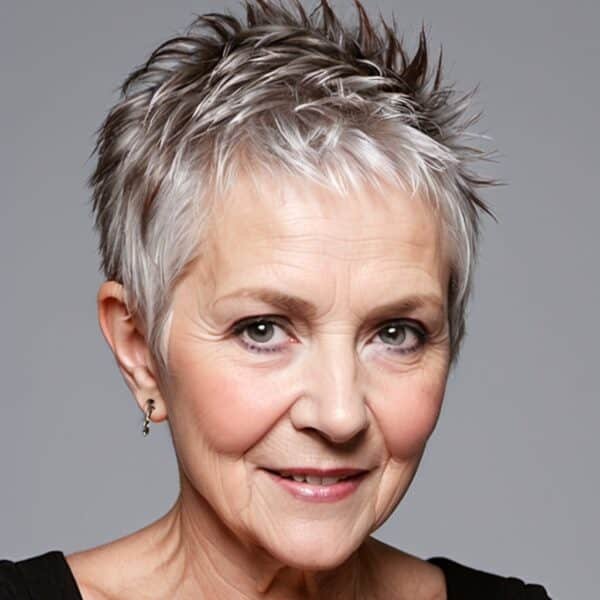Elderly woman with trendy, short spiky silver hair smiles slightly, wearing a black top against a gray background.