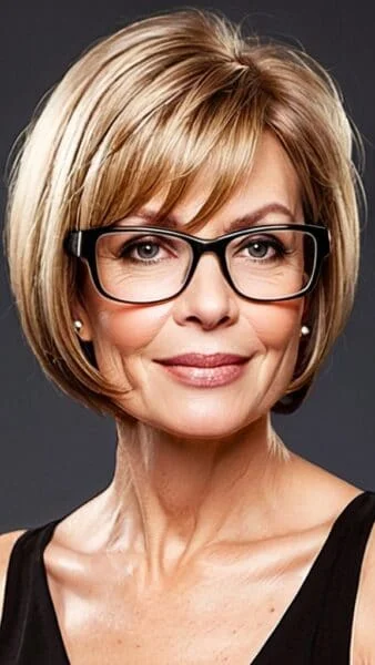 A woman with a short blonde bob and black glasses, perfecting hairstyles with glasses over 50, smiles against a dark background.