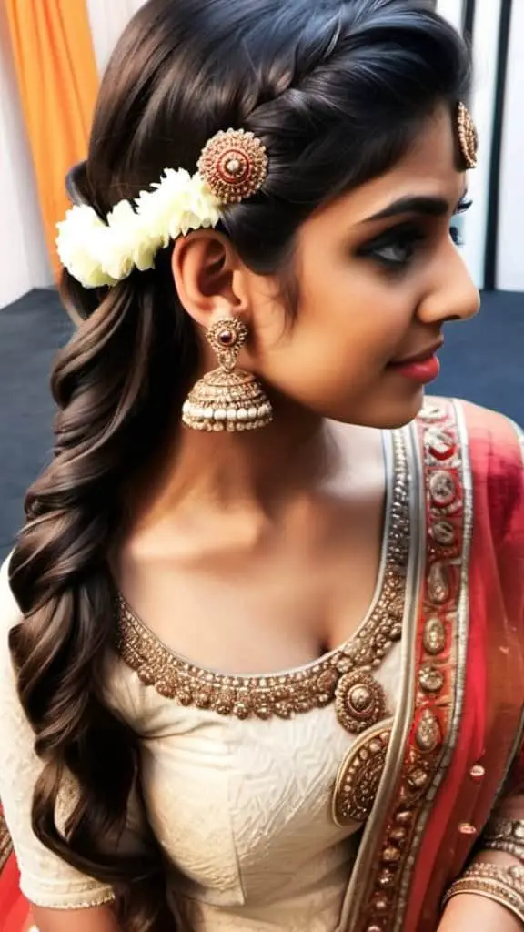 Half-Up Half-Down with Maang Tikka Indian Wedding Hairstyles for Girls