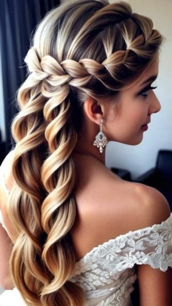 The woman dons an intricate braid cascading down her back, perfect for Indian wedding hairstyles for girls. Her long, blonde hair complements an off-shoulder white lace dress and elegant dangling earrings. The focus is on her hair and the detailed braid pattern.