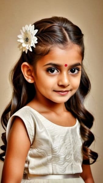 A young girl with wavy brown hair and a white flower accessory smiles softly, embodying the charm of Indian wedding hairstyles for kids. She wears a light-colored dress and a red bindi on her forehead, set against a warm, neutral background.