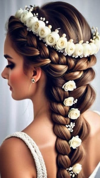 Woman with intricately braided brown hair, reminiscent of Indian wedding hairstyles for women, adorned with white roses and small white flowers, wearing a sleeveless dress.