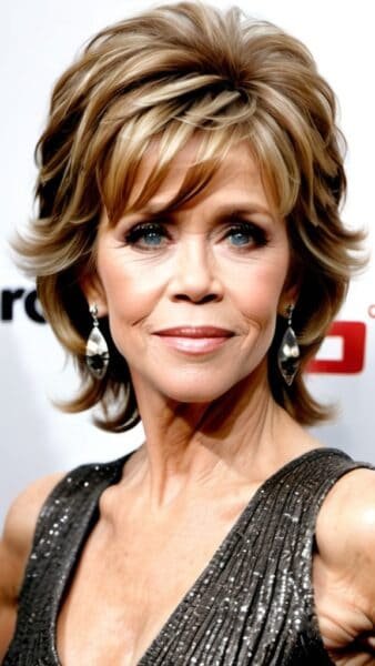 Woman with a Jane Fonda-inspired layered cut, wearing dangly earrings and a silver dress, smiling slightly against a white background.