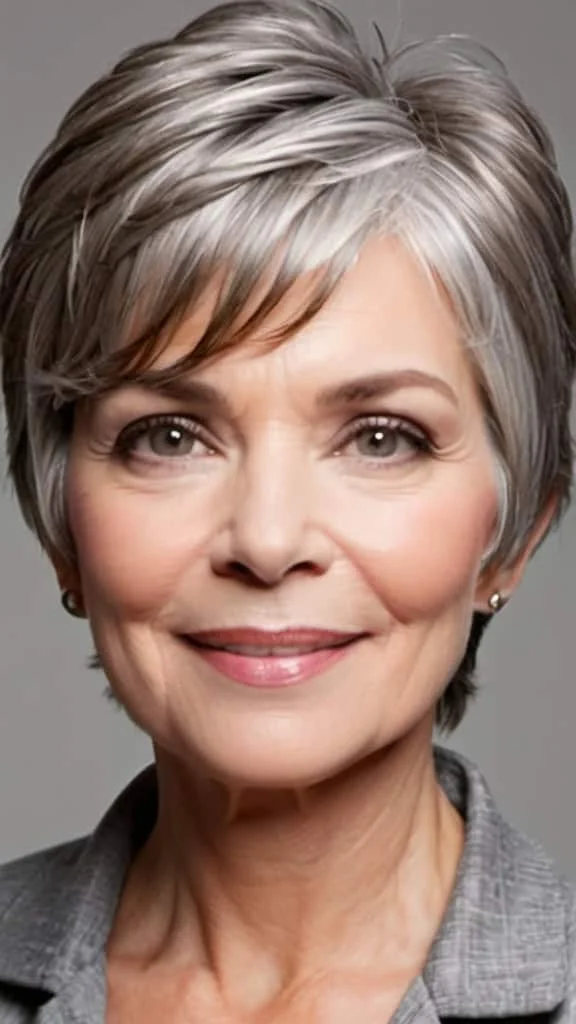 Jaw-Length Feathered Cut Short Gray Hairstyles For Women Over 60