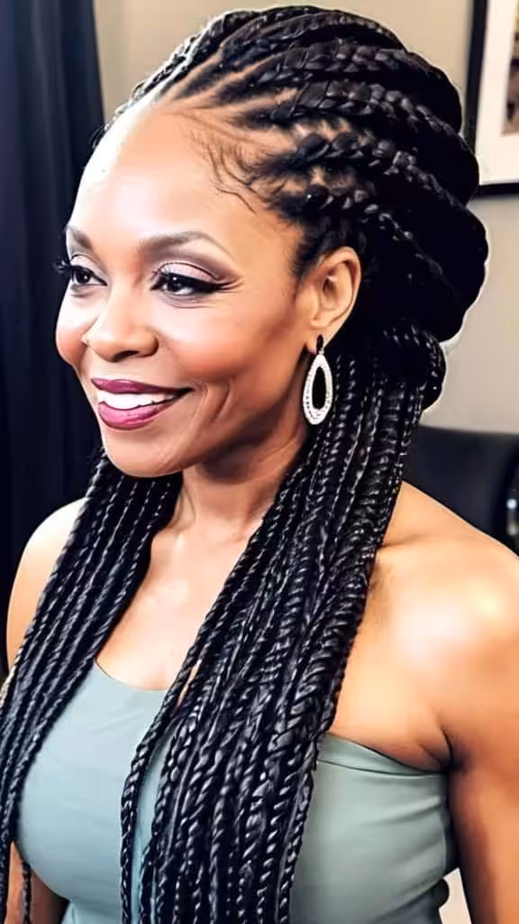 Joyful Long Braids Hairstyles for black women over 50