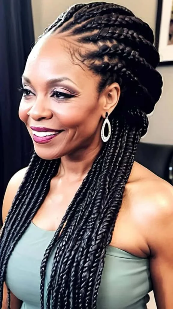 Joyful Long Braids Hairstyles for black women over 50